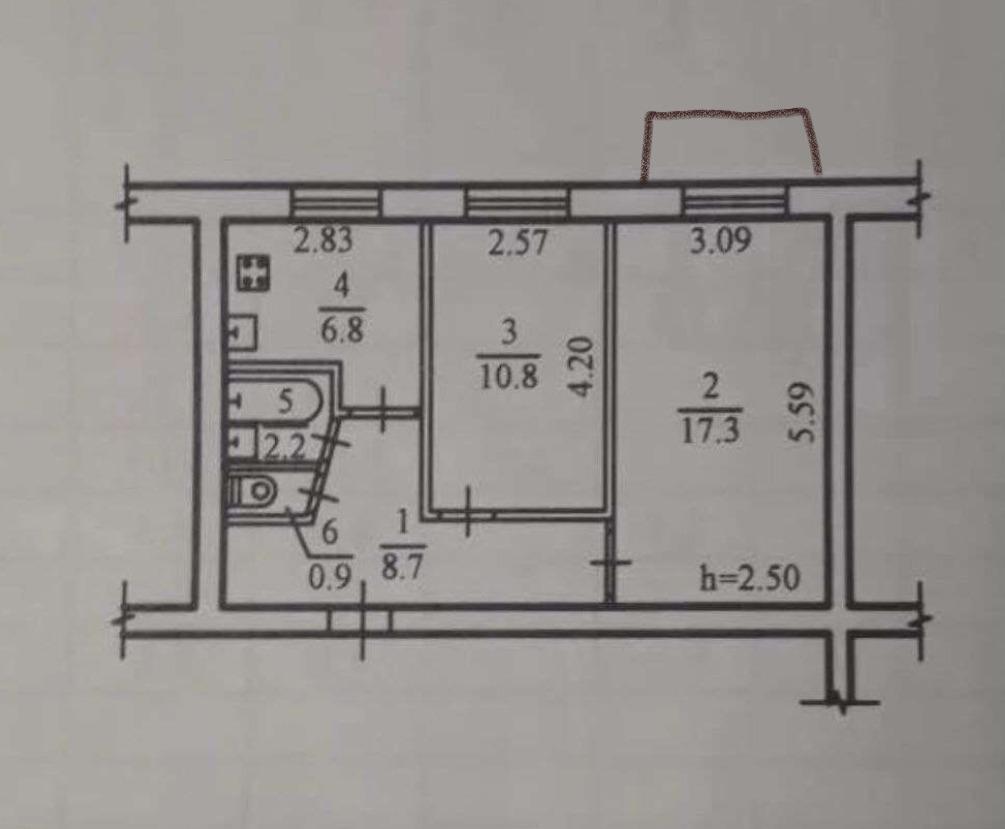 Планировка 2х комнатной хрущевки 44м2 с размерами